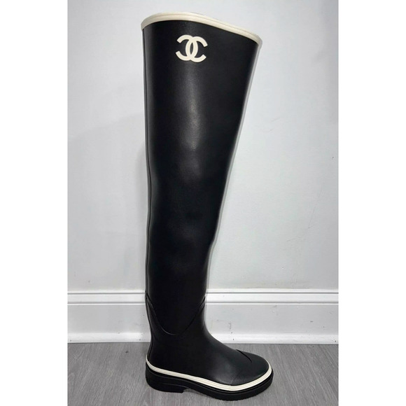 Chanel 22K Black White Caoutchouc CC Logo Thigh High Pull On Rubber Rain Boot 38 - Picture 2 of 11